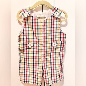 The Beaufort Bonnet Company Plaid Button Romper - Red, Green, Yellow, Navy